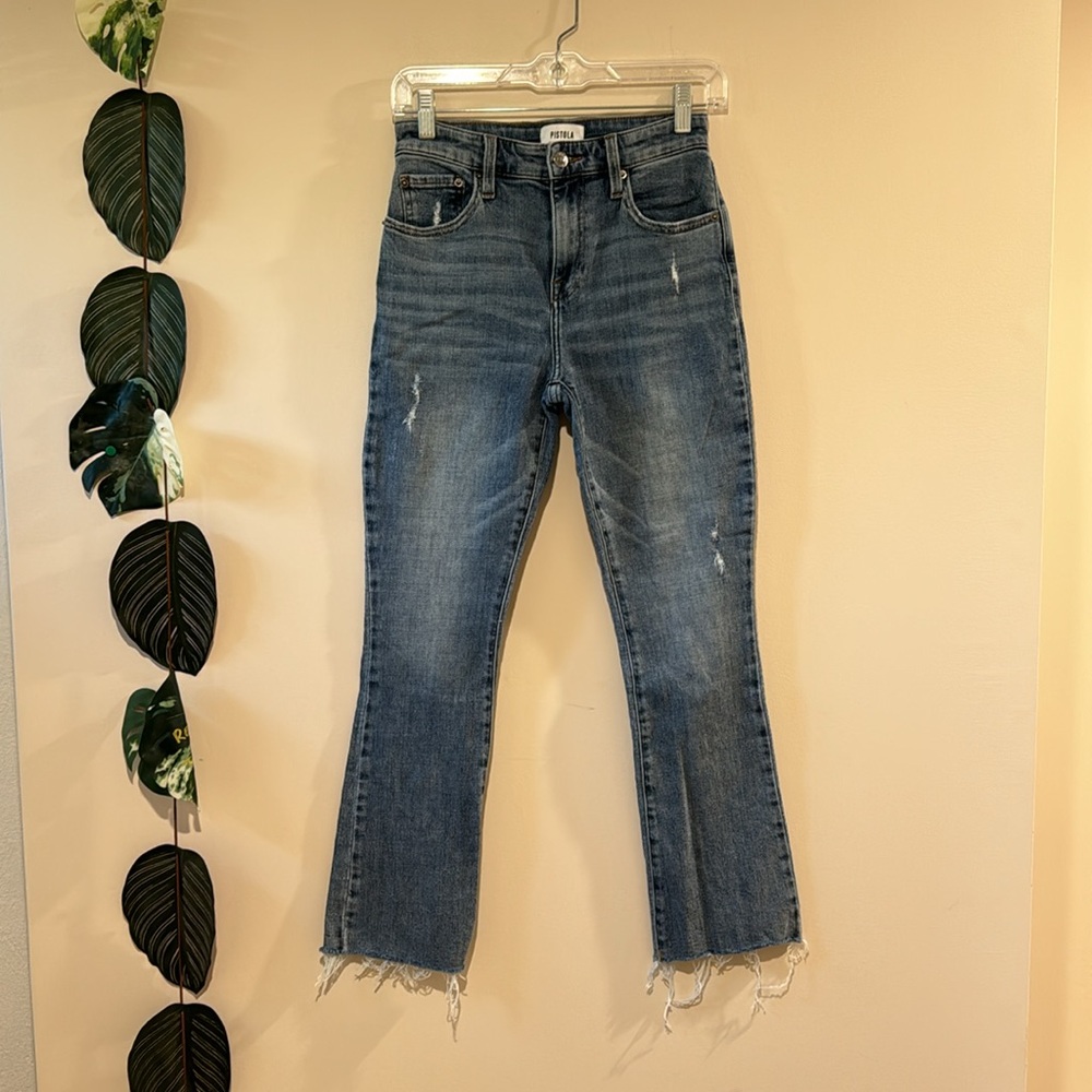 Pistola Straight Leg Jeans Size 25-‎ Distressed Medium Wash Blue Raw Hem